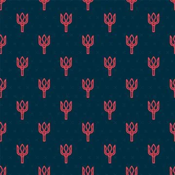 Red line Neptune Trident icon isolated seamless pattern on black background Illustrazione stock