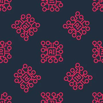 Red line Neural network icon isolated seamless pattern on black background Stock Illustration