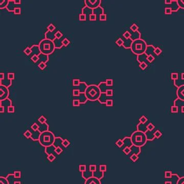 Red line Neural network icon isolated seamless pattern on black background 스톡 일러스트