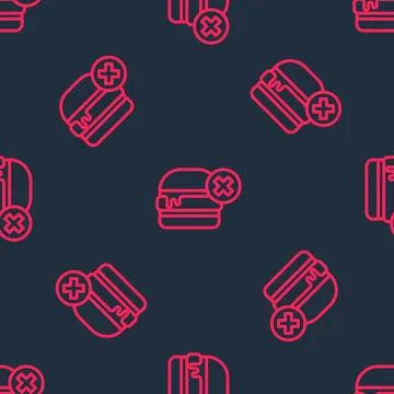 Red line No burger icon isolated seamless pattern on black background. Hamb.. Stockillustratie