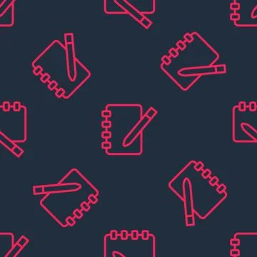 Red line Notebook icon isolated seamless pattern on black background. Spira.. Stock Illustration
