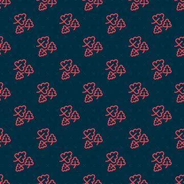 Red line Oak leaf icon isolated seamless pattern on black background. Vector Stock Illustration