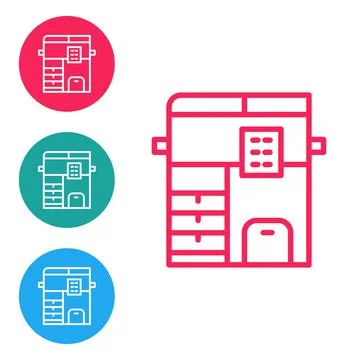 Red line Office multifunction printer copy machine icon isolated on white Stock Illustration