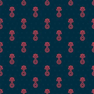 Red line Old magic key icon isolated seamless pattern on black background.  V Illustrazione stock
