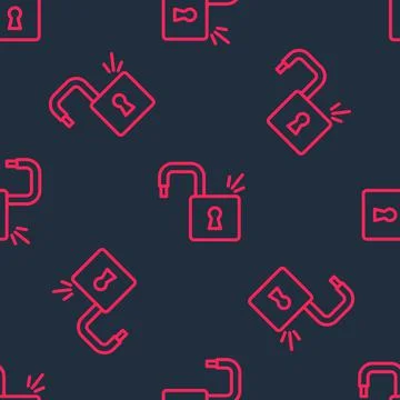 Red line Open padlock icon isolated seamless pattern on black background. Opened Stock Illustration