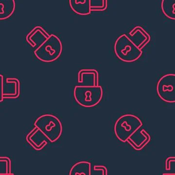 Red line Open padlock icon isolated seamless pattern on black background. Opened Illustrazione stock