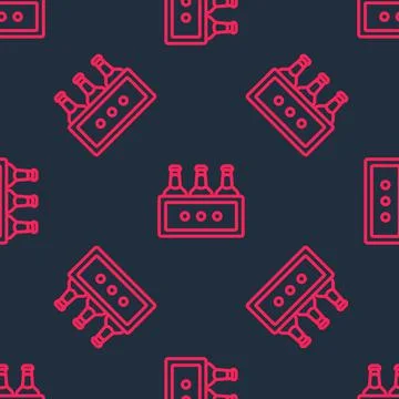 Red line Pack of beer bottles icon isolated seamless pattern on black background Stock Illustration