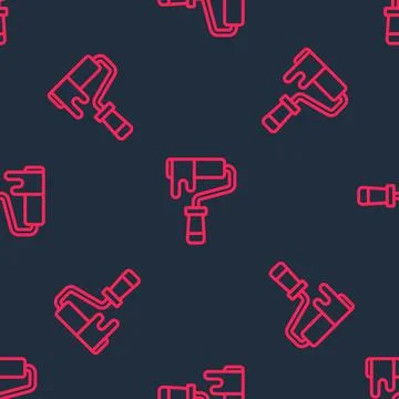 Red line Paint roller brush icon isolated seamless pattern on black background Stock Illustration