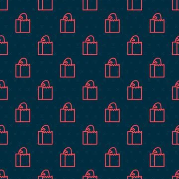 Red line Paper bag with bread loaf icon isolated seamless pattern on black Illustrazione stock