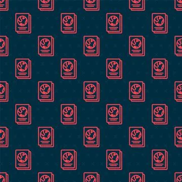 Red line Passport with biometric data icon isolated seamless pattern on black Stock Illustration