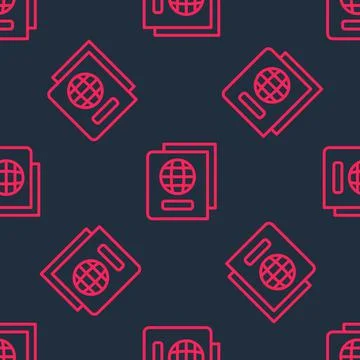 Red line Passport with biometric data icon isolated seamless pattern on black Stock Illustration