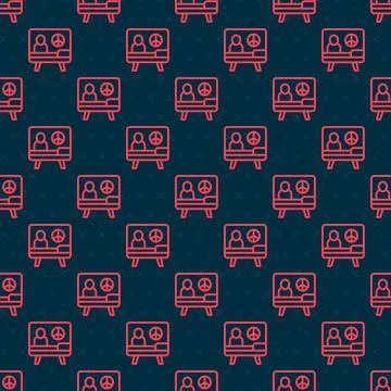 Red line Peace icon isolated seamless pattern on black background. Hippie symbol Stock Illustration