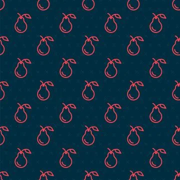 Red line Pear icon isolated seamless pattern on black background. Fruit with Stock Illustration