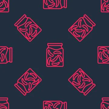 Red line Pickled cucumbers in a jar icon isolated seamless pattern on black Stock Illustration