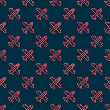 Red line Plane icon isolated seamless pattern on black background. Flying Stock Illustration