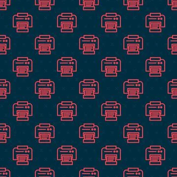 Red line Printer icon isolated seamless pattern on black background. Vector Illustrazione stock