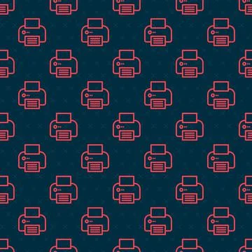 Red line Printer icon isolated seamless pattern on black background. Vector Stock Illustration