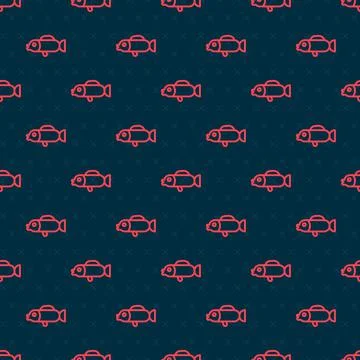 Red line Puffer fish icon isolated seamless pattern on black background. Fugu Stock Illustration