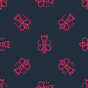 Red line Queen bee icon isolated seamless pattern on black background. Sweet Illustrazione stock