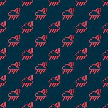 Red line Rainbow with cloud and rain icon isolated seamless pattern on black Stock Illustration