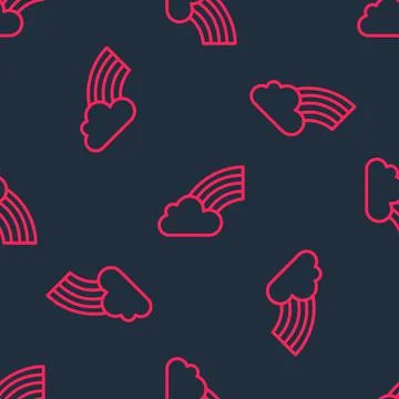 Red line Rainbow with cloud icon isolated seamless pattern on black background Stock Illustration