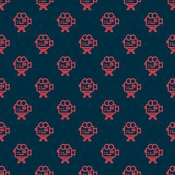 Red line Retro cinema camera icon isolated seamless pattern on black background Illustrazione stock