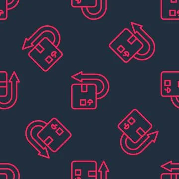 Red line Return cardboard box icon isolated seamless pattern on black background Stock Illustration