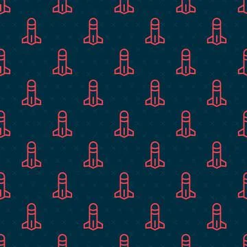 Red line Rocket icon isolated seamless pattern on black background. Vector Illustrazione stock