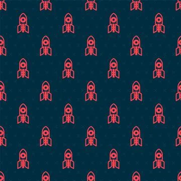 Red line Rocket ship icon isolated seamless pattern on black background. Space Stock Illustration