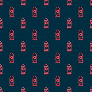 Red line Rocket ship icon isolated seamless pattern on black background. Space Stock Illustration