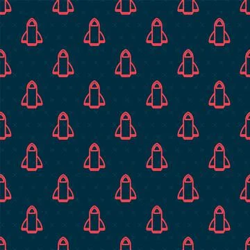 Red line Rocket ship icon isolated seamless pattern on black background. Space Stock Illustration