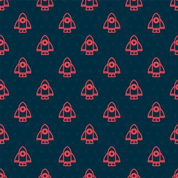 Red line Rocket ship icon isolated seamless pattern on black background. Space Stockillustratie