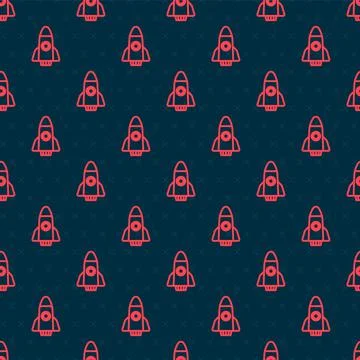 Red line Rocket ship icon isolated seamless pattern on black background. Space Stock Illustration