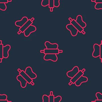 Red line Rolling pin on dough icon isolated seamless pattern on black background Stock Illustration