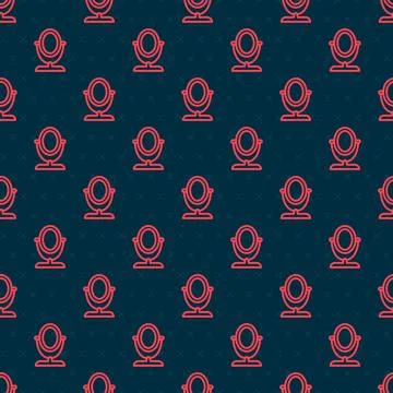 Red line Round makeup mirror icon isolated seamless pattern on black background Illustrazione stock