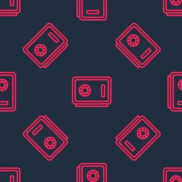 Red line Safe icon isolated seamless pattern on black background. The door safe Stock Illustration