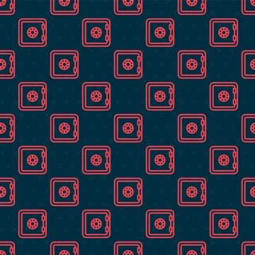 Red line Safe icon isolated seamless pattern on black background. The door .. Stock Illustration