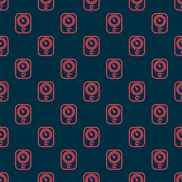 Red line Sauna thermometer icon isolated seamless pattern on black background Stock Illustration