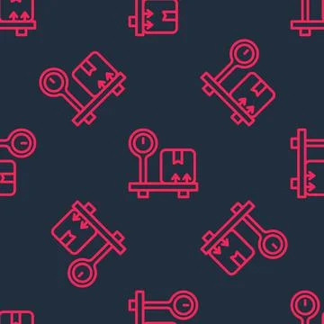 Red line Scale with cardboard box icon isolated seamless pattern on black Illustrazione stock