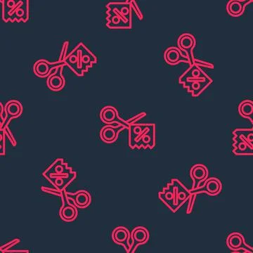 Red line Scissors cuts discount coupon icon isolated seamless pattern on black イラスト素材