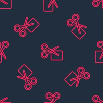Red line Scissors cuts discount coupon icon isolated seamless pattern on black Stockillustratie