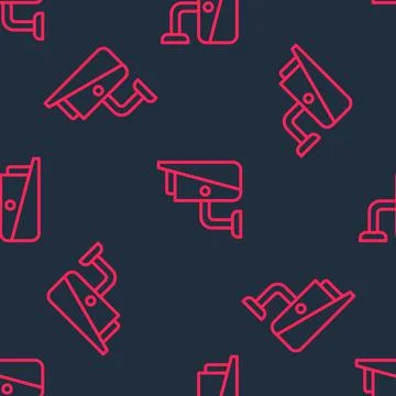 Red line Security camera icon isolated seamless pattern on black background Stock Illustration