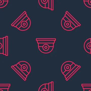 Red line Security camera icon isolated seamless pattern on black background Illustrazione stock