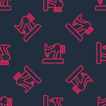 Red line Sewing machine icon isolated seamless pattern on black background Stock Illustration