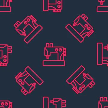 Red line Sewing machine icon isolated seamless pattern on black background イラスト素材