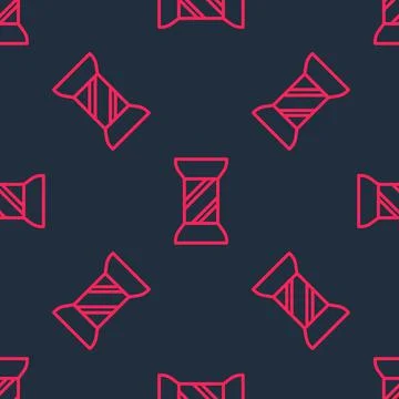 Red line Sewing thread on spool icon isolated seamless pattern on black Stock Illustration