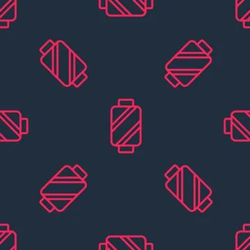Red line Sewing thread on spool icon isolated seamless pattern on black backg Stock Illustration