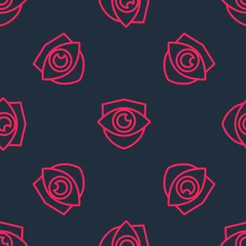 Red line Shield and eye icon isolated seamless pattern on black background Stock Illustration