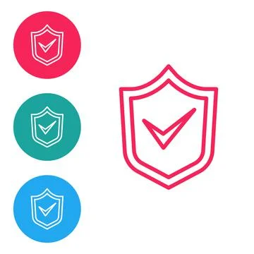 Red line Shield with check mark icon isolated on white background. Security Stock Illustration