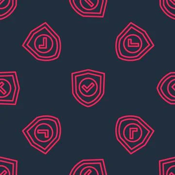 Red line Shield with check mark icon isolated seamless pattern on black backg Illustrazione stock